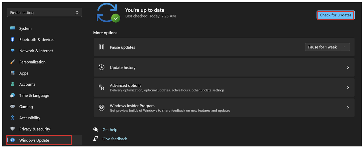 On the right, click Check for updates